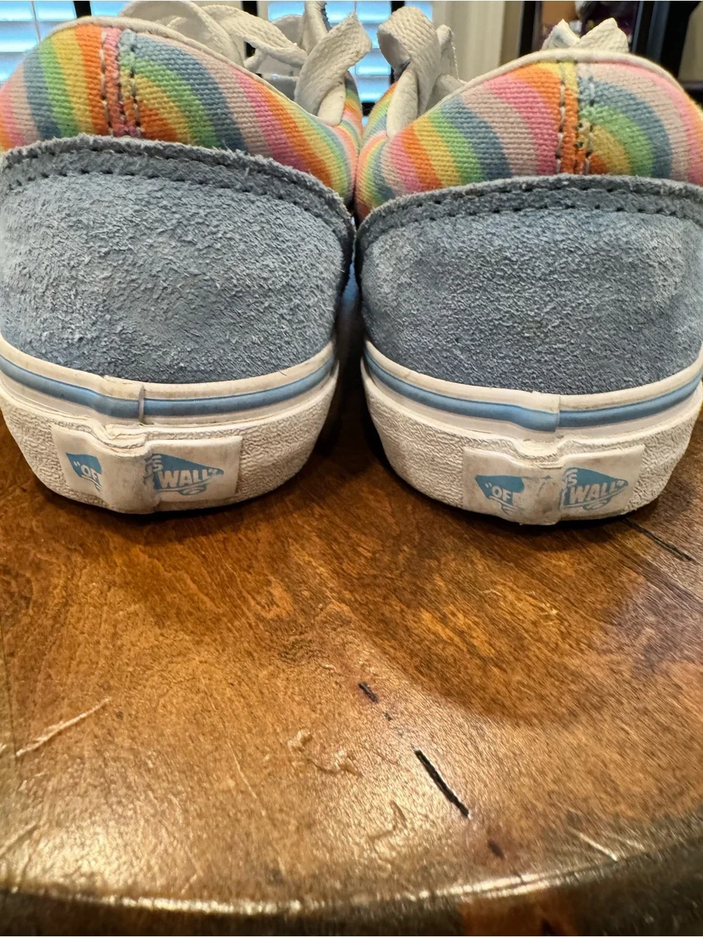 Vans Kids Light Blue Suede Sneakers with Rainbow Stripe